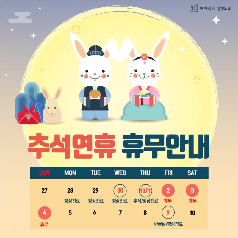 ☆에이펙스성형외과 추석연휴 진료 안내☆