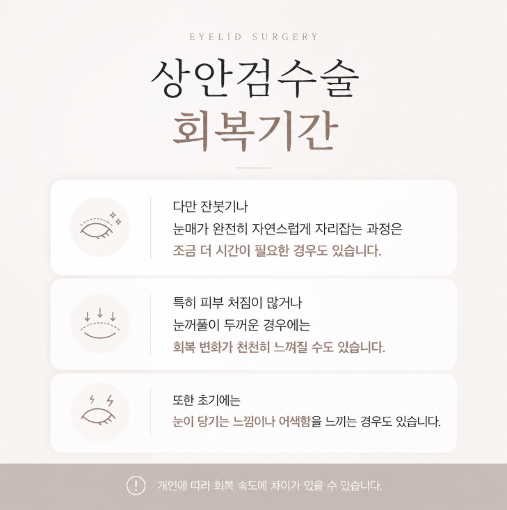 Reasons for Longer Recovery Period After Middle-Aged Upper Blepharoplasty: Impact of Skin Sagging and Eyelid Thickness 사